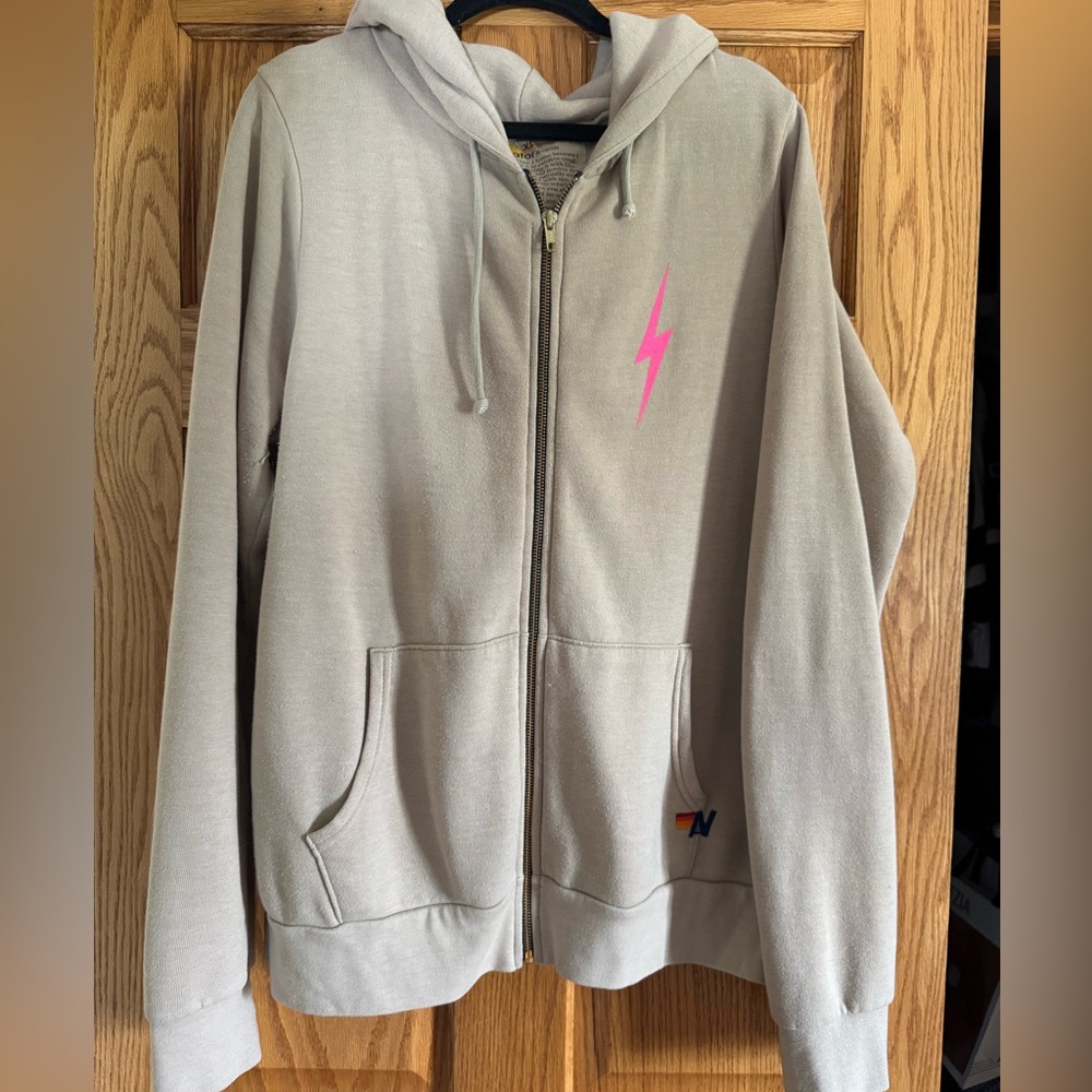 Aviator Nation Tan Hoodie with Pink Lightning Bolt